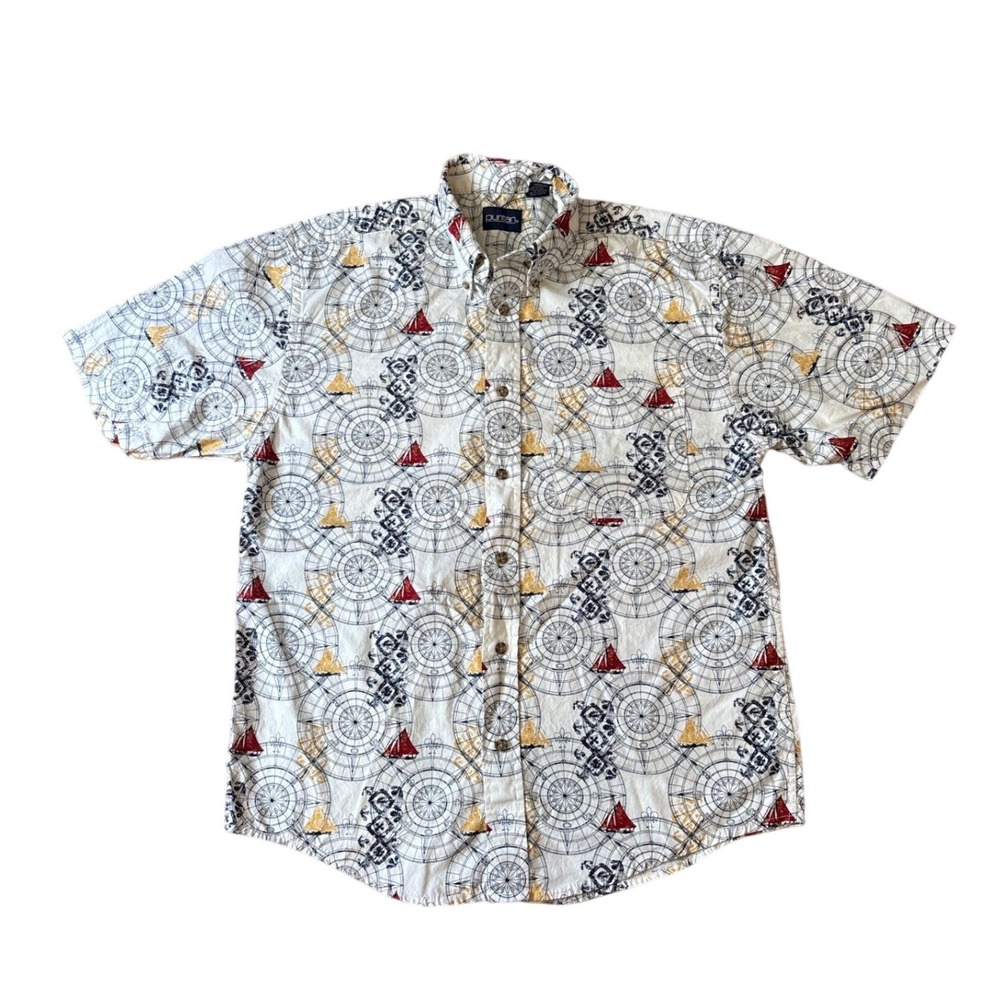 Puritan Button Down Shirt Mens White Nautical Compass Sailboat Print SIZE Medium